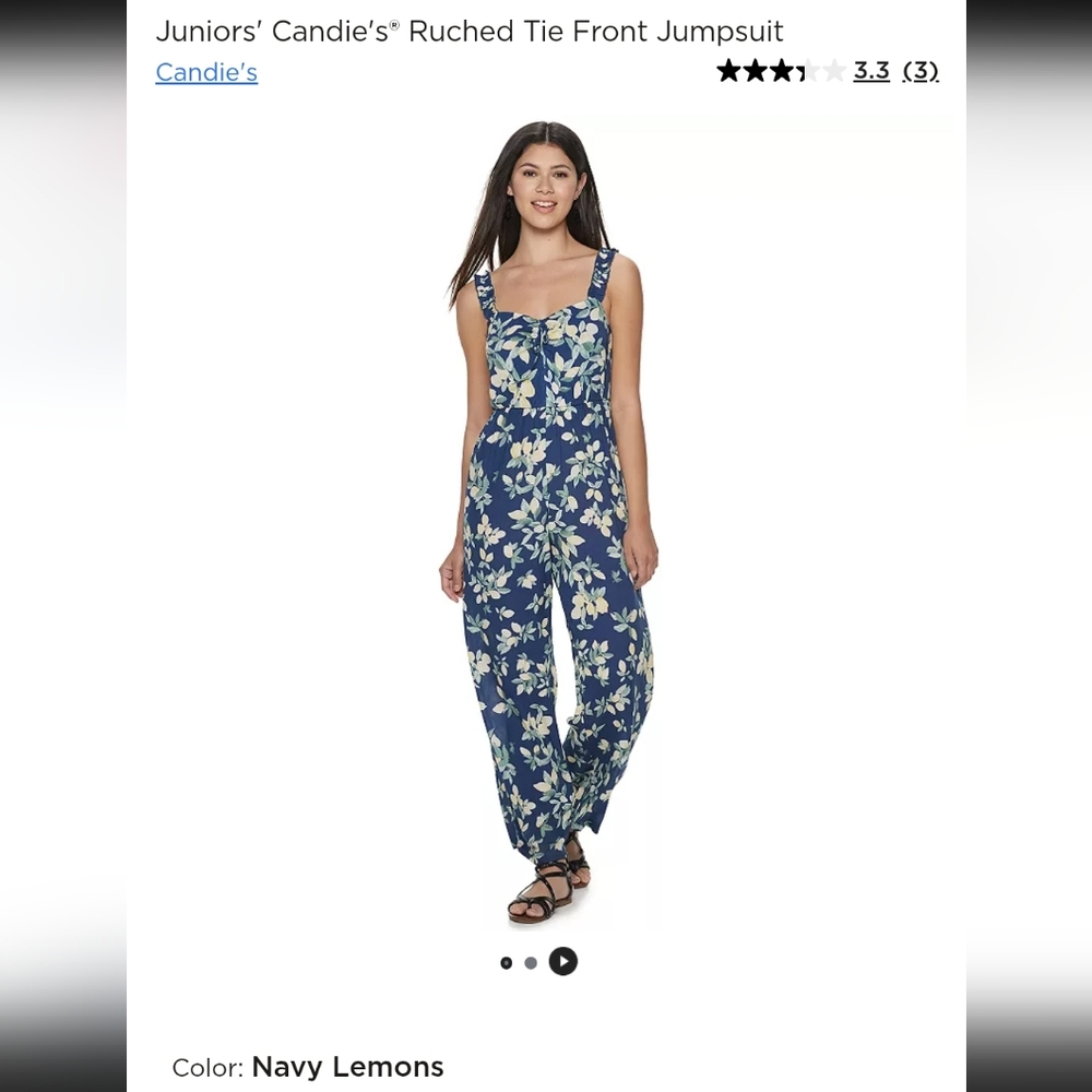 Ruched tie Front jumpsuit size medium by Candies Navy Lemons pattern super soft
